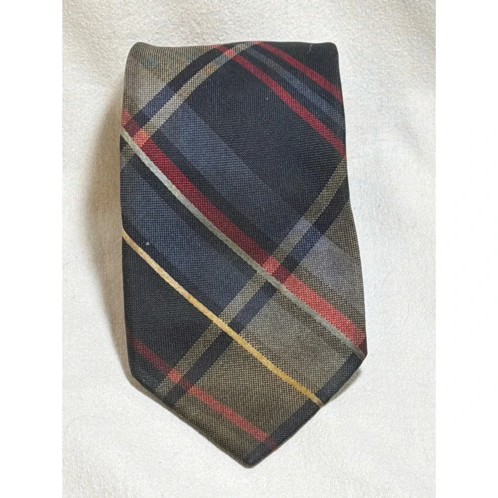 Mens Silk Plaid Necktie Navy Blue Olive Green Red Yellow Tartan RN 51093 Tie